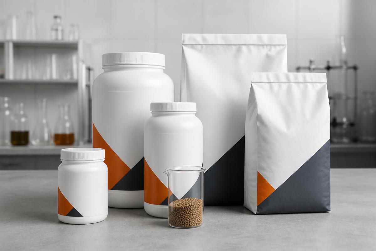 Premium poultry feed additive product range in laboratory packaging