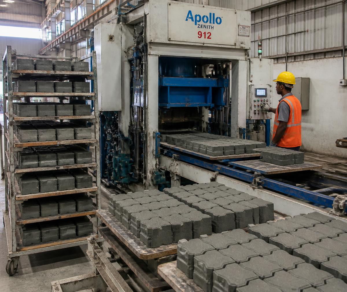 Concrete paver block production line at the manufacturing unit
