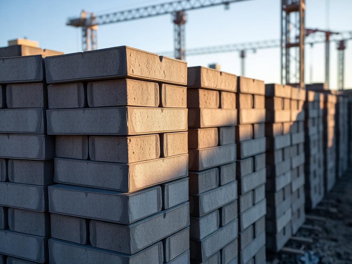 Stacked grey fly ash bricks at a construction site